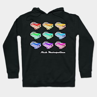 Nash Metropolitan (rainbow colors in a grid + name in white) - classic vintage cars reimagined Hoodie